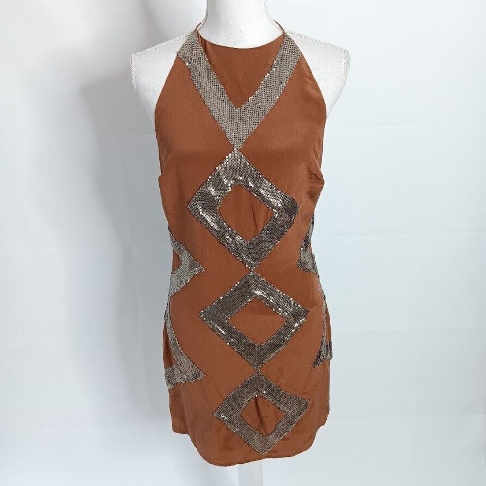 Sheri Bodell Dress 100% Silk Low Back Brown & Silver Halter mini size SMALL